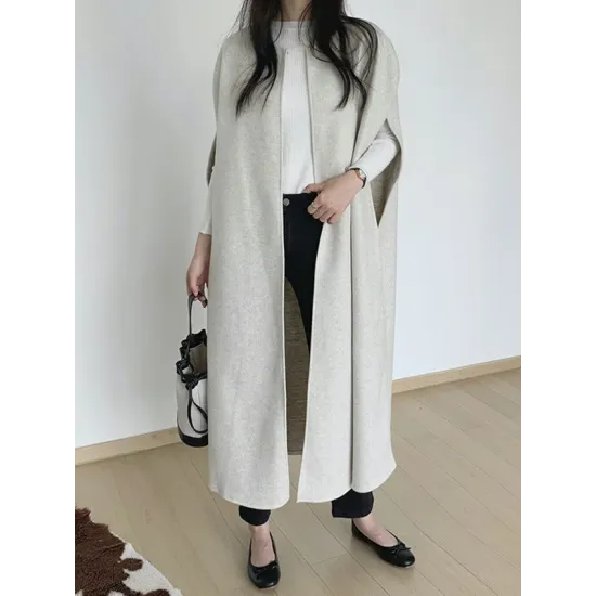 Solid Color Loose Sleeveless Round-Neck Outerwear Cape Solid Color Loose Sleeveless Round-Neck Outerwear Cape