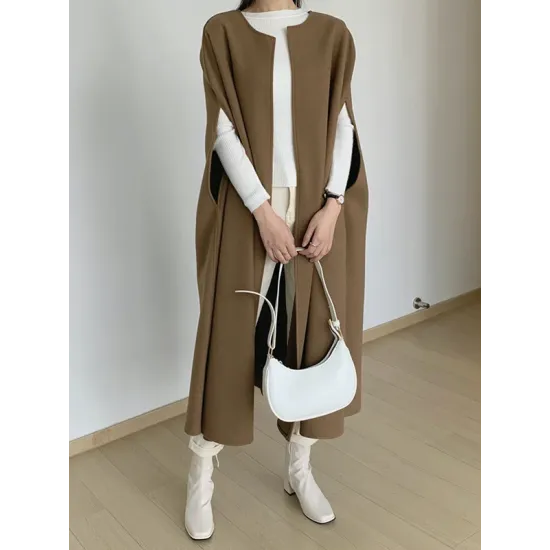 Solid Color Loose Sleeveless Round-Neck Outerwear Cape Solid Color Loose Sleeveless Round-Neck Outerwear Cape