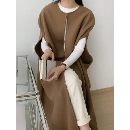 Solid Color Loose Sleeveless Round-Neck Outerwear Cape Solid Color Loose Sleeveless Round-Neck Outerwear Cape