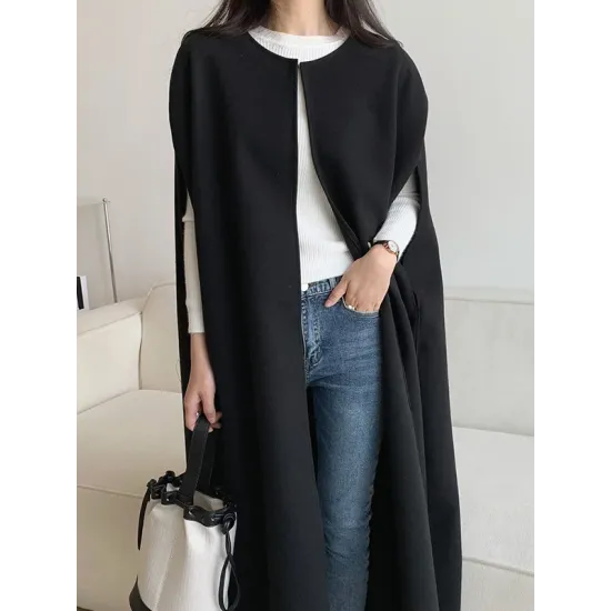 Solid Color Loose Sleeveless Round-Neck Outerwear Cape Solid Color Loose Sleeveless Round-Neck Outerwear Cape