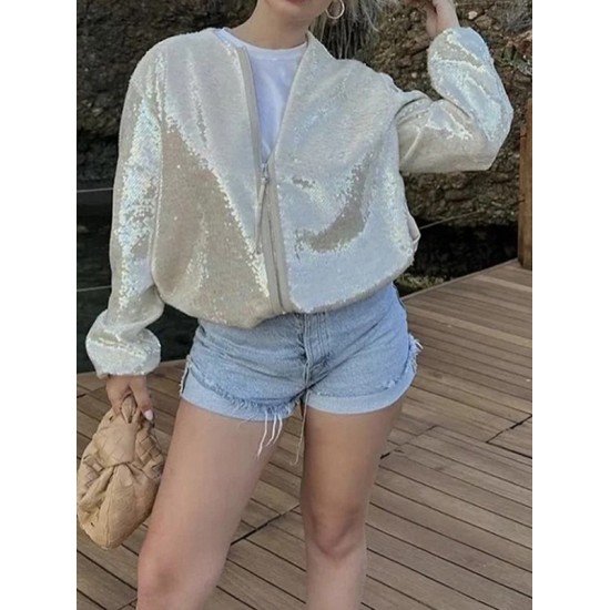 Sequined Zipper Loose Puff Sleeves Round-Neck Outerwear Jackets Sequined Zipper Loose Puff Sleeves Round-Neck Outerwear Jackets