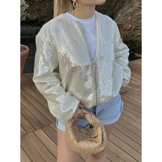 Sequined Zipper Loose Puff Sleeves Round-Neck Outerwear Jackets Sequined Zipper Loose Puff Sleeves Round-Neck Outerwear Jackets
