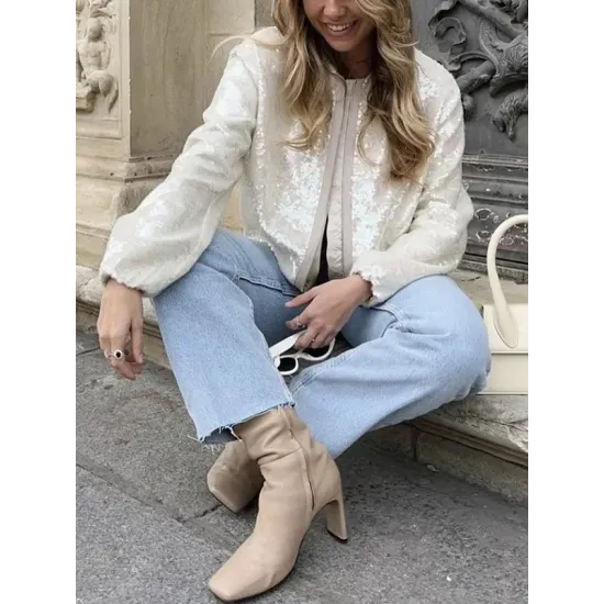 Sequined Zipper Loose Puff Sleeves Round-Neck Outerwear Jackets Sequined Zipper Loose Puff Sleeves Round-Neck Outerwear Jackets