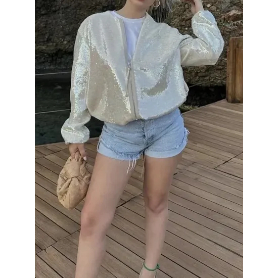 Sequined Zipper Loose Puff Sleeves Round-Neck Outerwear Jackets Sequined Zipper Loose Puff Sleeves Round-Neck Outerwear Jackets