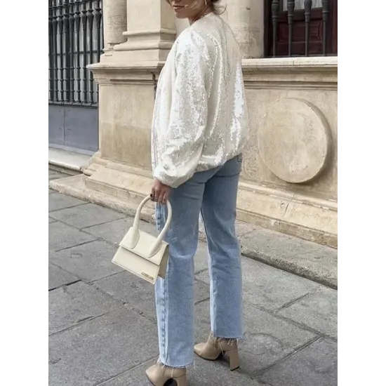 Sequined Zipper Loose Puff Sleeves Round-Neck Outerwear Jackets Sequined Zipper Loose Puff Sleeves Round-Neck Outerwear Jackets