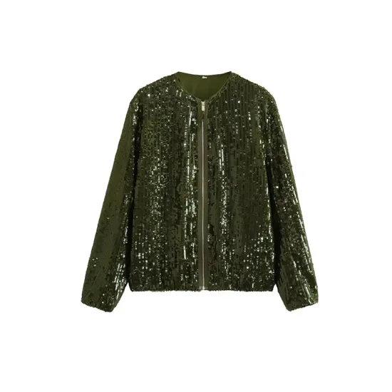 Sequined Zipper Loose Puff Sleeves Round-Neck Outerwear Jackets Sequined Zipper Loose Puff Sleeves Round-Neck Outerwear Jackets