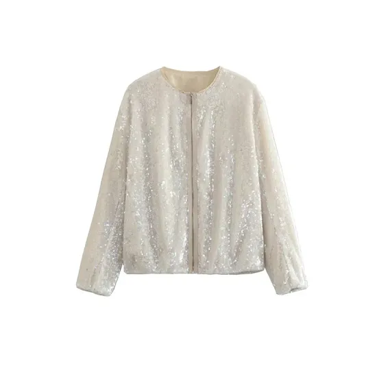 Sequined Zipper Loose Puff Sleeves Round-Neck Outerwear Jackets Sequined Zipper Loose Puff Sleeves Round-Neck Outerwear Jackets
