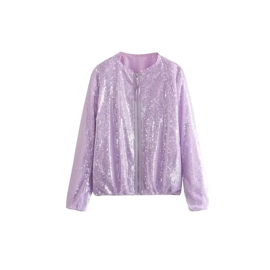 Sequined Zipper Loose Puff Sleeves Round-Neck Outerwear Jackets Sequined Zipper Loose Puff Sleeves Round-Neck Outerwear Jackets