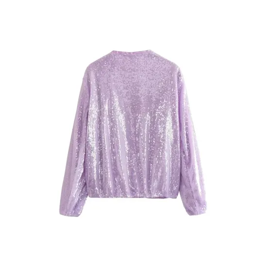 Sequined Zipper Loose Puff Sleeves Round-Neck Outerwear Jackets Sequined Zipper Loose Puff Sleeves Round-Neck Outerwear Jackets