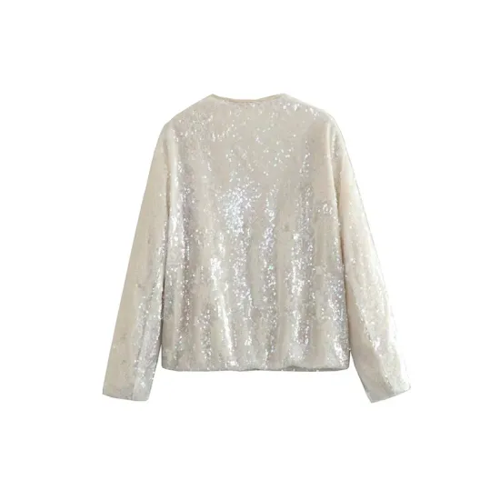 Sequined Zipper Loose Puff Sleeves Round-Neck Outerwear Jackets Sequined Zipper Loose Puff Sleeves Round-Neck Outerwear Jackets