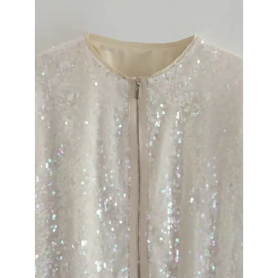 Sequined Zipper Loose Puff Sleeves Round-Neck Outerwear Jackets Sequined Zipper Loose Puff Sleeves Round-Neck Outerwear Jackets