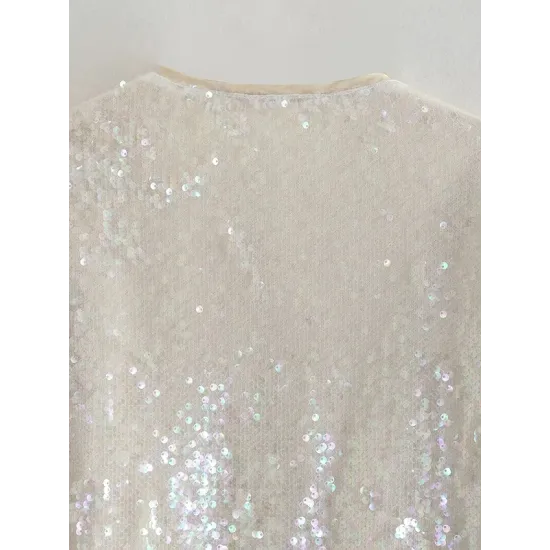Sequined Zipper Loose Puff Sleeves Round-Neck Outerwear Jackets Sequined Zipper Loose Puff Sleeves Round-Neck Outerwear Jackets