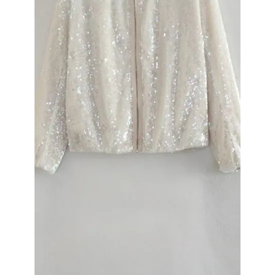 Sequined Zipper Loose Puff Sleeves Round-Neck Outerwear Jackets Sequined Zipper Loose Puff Sleeves Round-Neck Outerwear Jackets