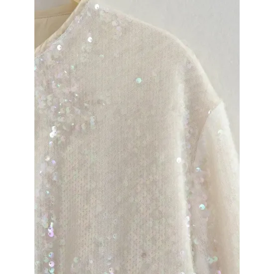 Sequined Zipper Loose Puff Sleeves Round-Neck Outerwear Jackets Sequined Zipper Loose Puff Sleeves Round-Neck Outerwear Jackets