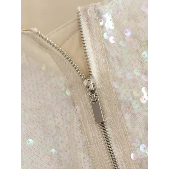 Sequined Zipper Loose Puff Sleeves Round-Neck Outerwear Jackets Sequined Zipper Loose Puff Sleeves Round-Neck Outerwear Jackets