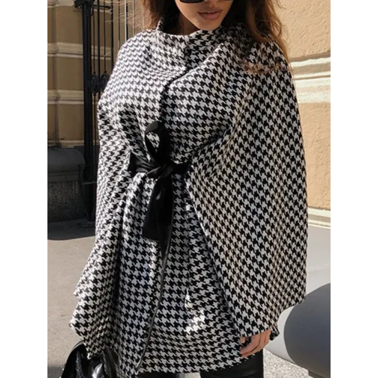 Houndstooth Tied Waist Batwing Sleeves Long Sleeves Stand Collar Outerwear Cape Houndstooth Tied Waist Batwing Sleeves Long Sleeves Stand Collar Outerwear Cape