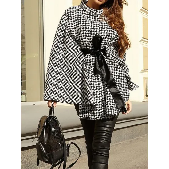 Houndstooth Tied Waist Batwing Sleeves Long Sleeves Stand Collar Outerwear Cape Houndstooth Tied Waist Batwing Sleeves Long Sleeves Stand Collar Outerwear Cape