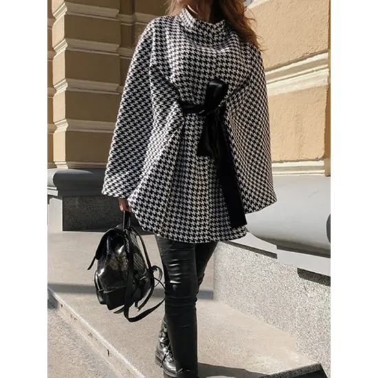 Houndstooth Tied Waist Batwing Sleeves Long Sleeves Stand Collar Outerwear Cape Houndstooth Tied Waist Batwing Sleeves Long Sleeves Stand Collar Outerwear Cape