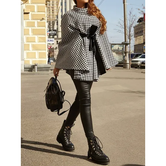 Houndstooth Tied Waist Batwing Sleeves Long Sleeves Stand Collar Outerwear Cape Houndstooth Tied Waist Batwing Sleeves Long Sleeves Stand Collar Outerwear Cape