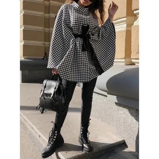 Houndstooth Tied Waist Batwing Sleeves Long Sleeves Stand Collar Outerwear Cape Houndstooth Tied Waist Batwing Sleeves Long Sleeves Stand Collar Outerwear Cape