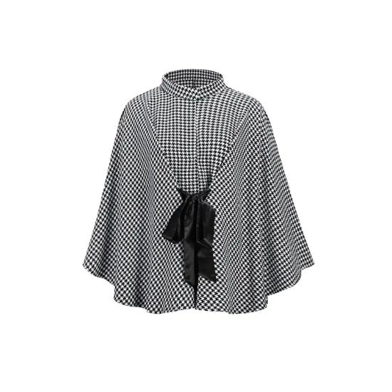 Houndstooth Tied Waist Batwing Sleeves Long Sleeves Stand Collar Outerwear Cape Houndstooth Tied Waist Batwing Sleeves Long Sleeves Stand Collar Outerwear Cape