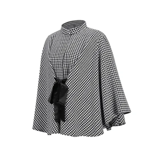Houndstooth Tied Waist Batwing Sleeves Long Sleeves Stand Collar Outerwear Cape Houndstooth Tied Waist Batwing Sleeves Long Sleeves Stand Collar Outerwear Cape