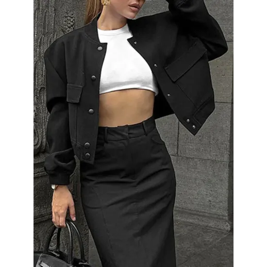 Buttoned Pockets Solid Color Long Sleeves Loose Round-Neck Outerwear Jackets Buttoned Pockets Solid Color Long Sleeves Loose Round-Neck Outerwear Jackets
