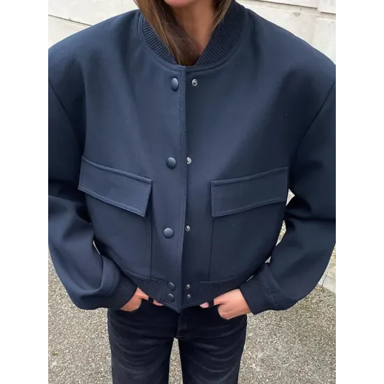 Buttoned Pockets Solid Color Long Sleeves Loose Round-Neck Outerwear Jackets Buttoned Pockets Solid Color Long Sleeves Loose Round-Neck Outerwear Jackets