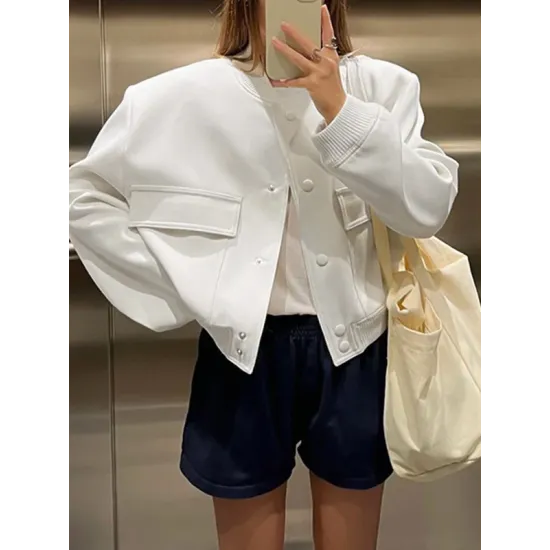 Buttoned Pockets Solid Color Long Sleeves Loose Round-Neck Outerwear Jackets Buttoned Pockets Solid Color Long Sleeves Loose Round-Neck Outerwear Jackets