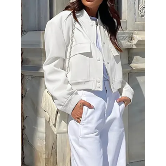 Buttoned Pockets Solid Color Long Sleeves Loose Round-Neck Outerwear Jackets Buttoned Pockets Solid Color Long Sleeves Loose Round-Neck Outerwear Jackets