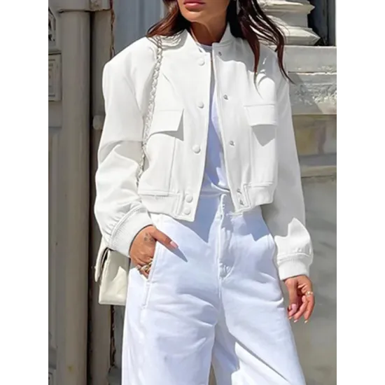 Buttoned Pockets Solid Color Long Sleeves Loose Round-Neck Outerwear Jackets Buttoned Pockets Solid Color Long Sleeves Loose Round-Neck Outerwear Jackets