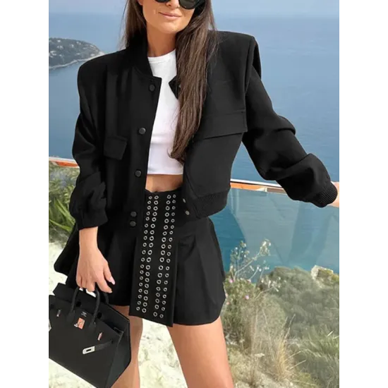Buttoned Pockets Solid Color Long Sleeves Loose Round-Neck Outerwear Jackets Buttoned Pockets Solid Color Long Sleeves Loose Round-Neck Outerwear Jackets