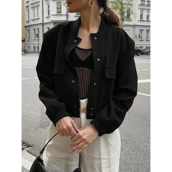 Buttoned Pockets Solid Color Long Sleeves Loose Round-Neck Outerwear Jackets Buttoned Pockets Solid Color Long Sleeves Loose Round-Neck Outerwear Jackets