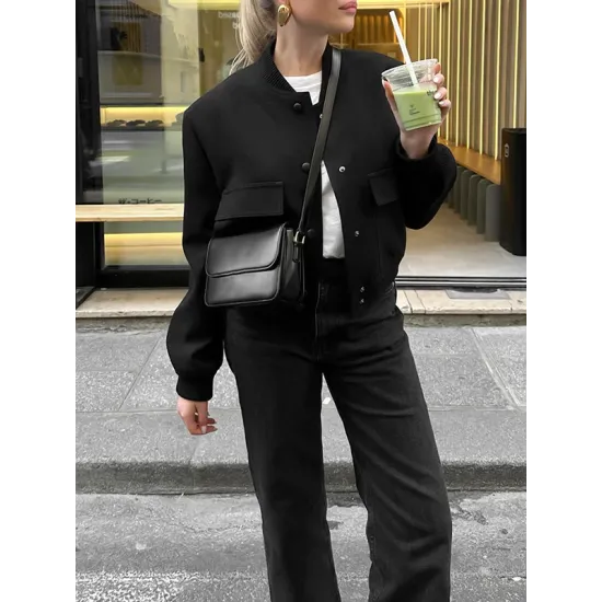Buttoned Pockets Solid Color Long Sleeves Loose Round-Neck Outerwear Jackets Buttoned Pockets Solid Color Long Sleeves Loose Round-Neck Outerwear Jackets