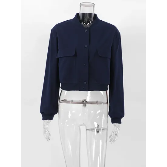 Buttoned Pockets Solid Color Long Sleeves Loose Round-Neck Outerwear Jackets Buttoned Pockets Solid Color Long Sleeves Loose Round-Neck Outerwear Jackets