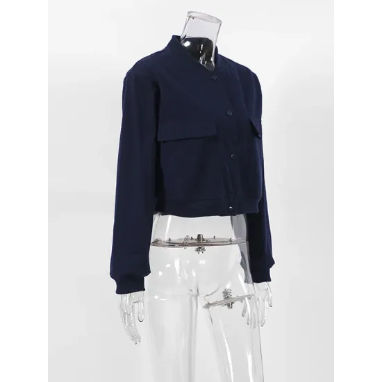 Buttoned Pockets Solid Color Long Sleeves Loose Round-Neck Outerwear Jackets Buttoned Pockets Solid Color Long Sleeves Loose Round-Neck Outerwear Jackets