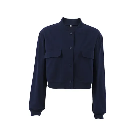 Buttoned Pockets Solid Color Long Sleeves Loose Round-Neck Outerwear Jackets Buttoned Pockets Solid Color Long Sleeves Loose Round-Neck Outerwear Jackets