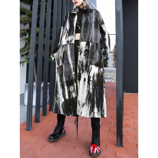 Long Sleeves Loose Drawstring Split-Joint Zipper Round-Neck Trench Coats Long Sleeves Loose Drawstring Split-Joint Zipper Round-Neck Trench Coats