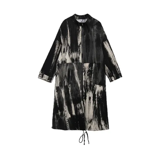Long Sleeves Loose Drawstring Split-Joint Zipper Round-Neck Trench Coats Long Sleeves Loose Drawstring Split-Joint Zipper Round-Neck Trench Coats