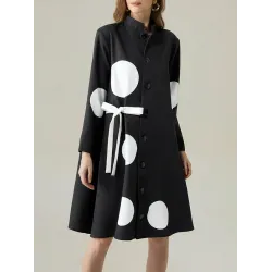 Long Sleeves Loose Asymmetric Buttoned Polka-Dot Tied Mock Neck Jackets&Coats Midi Dresses Outerwear