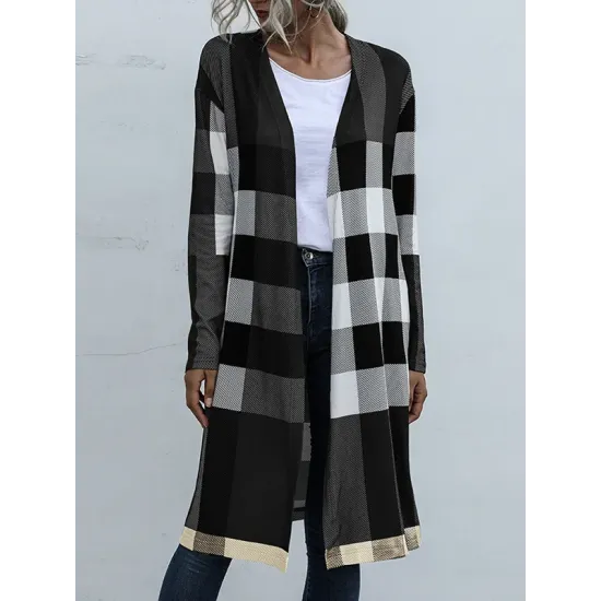 Plaid Long Sleeves Loose Collarless Outerwear