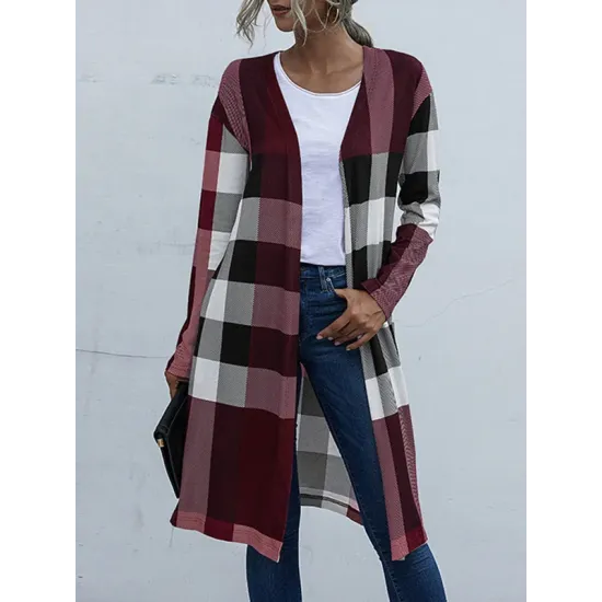 Plaid Long Sleeves Loose Collarless Outerwear