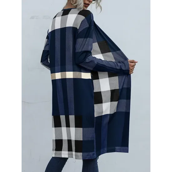 Plaid Long Sleeves Loose Collarless Outerwear