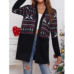 Animal Printed Knitted Flower Long Sleeves Loose Collarless Outerwear