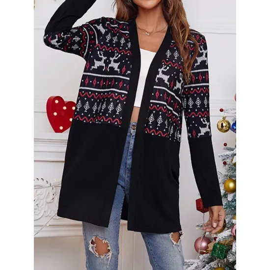 Animal Printed Knitted Flower Long Sleeves Loose Collarless Outerwear