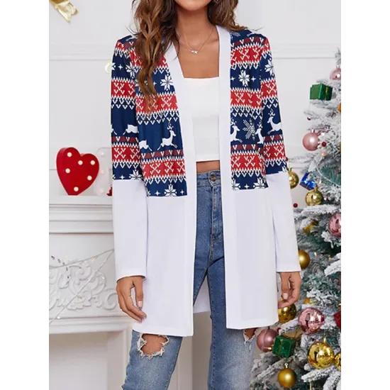 Animal Printed Knitted Flower Long Sleeves Loose Collarless Outerwear