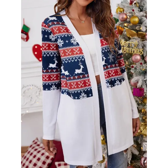 Animal Printed Knitted Flower Long Sleeves Loose Collarless Outerwear
