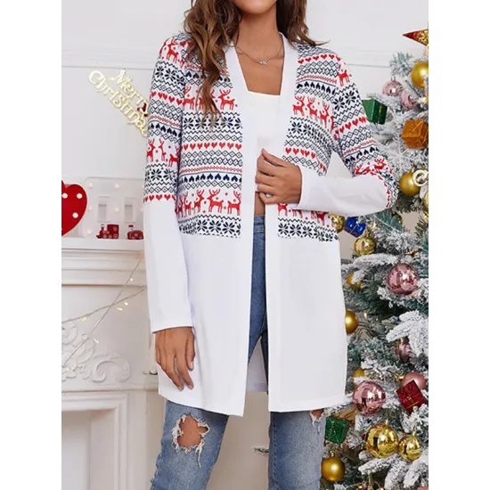 Animal Printed Knitted Flower Long Sleeves Loose Collarless Outerwear