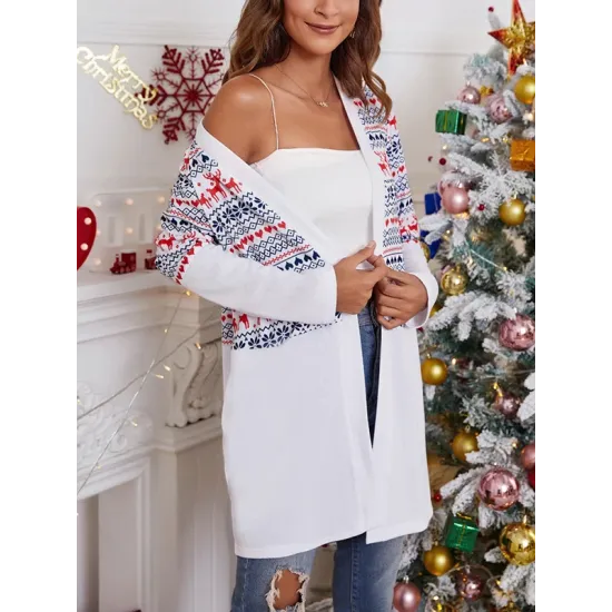 Animal Printed Knitted Flower Long Sleeves Loose Collarless Outerwear
