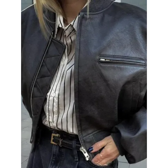 Quilted Solid Color Zipper Stand Collar PU Outerwear Jackets